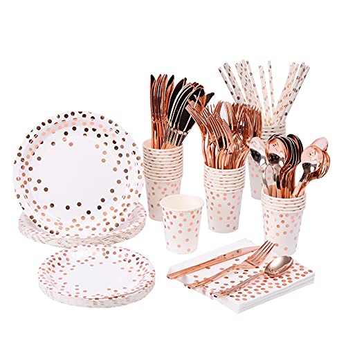 200Pcs Rose Gold Party Supplies - Rose Gold Dot on White Paper Plates and Napkins Cups Silverware Serves 25 Sets for Wedding Bridal Shower Engagement Birthday Parties.(Rose gold dot) - color: Rose gold dot