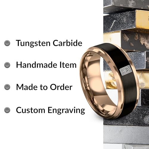 Gift for Muslim Devotee - Prayer Rug Pattern Ring - Black Yellow Rose Gold - Band - Anniversary Wedding - Personalized Custom Engraving - Flat Dome Bevel - 8mm - Men Women - Tungsten Carbide - color: 07 - Rose Gold Black Tungsten