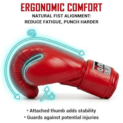 Amber Fight Gear Professional Leather Fight Gloves – Competition Ready Boxing & Kickboxing Gloves – Padded Multi-Layered Foam – Pre-Curved Safety Design – Sizes 8oz, 10oz, 12oz – Red & Blue - color: Red, size: 8 oz