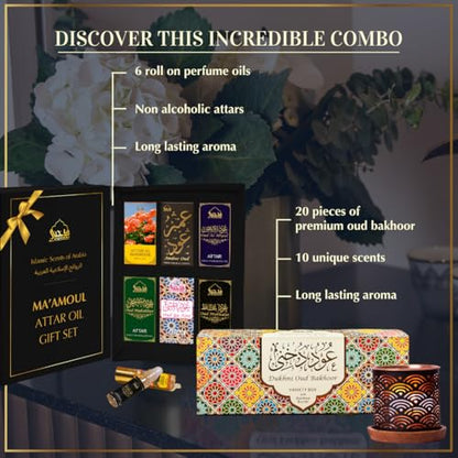 Oud Bakhoor Variety Box with Burner & Ma'amoul Attar Oil Set - 6 Bottles x 6 ml