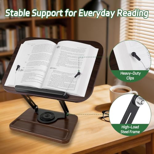 Book Stand for Desk, 360° Rotating Cookbook Holder for Hands-Free Reading Recipe Book Holder with Page Clips, Adjustable Height for Textbooks, Comics, Sheet Music - style: Book Stand(Walnut Finish)