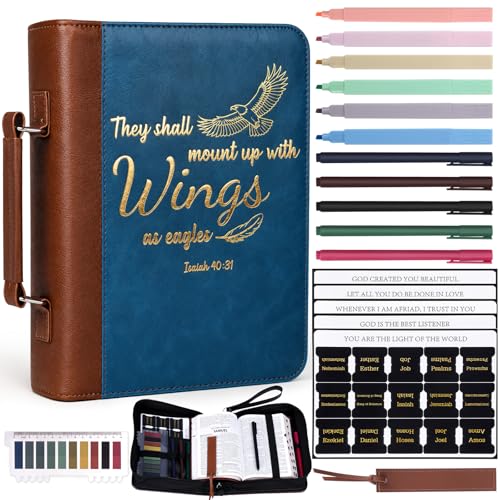 XKDOUS Bible Cover for Men Leather Bible Bag Large Book Carrying Case Kit - color: Blue & Brown