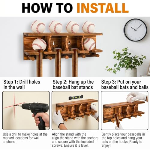 Tebery Wood Baseball Bat Holder and Ball Display Shelf Wall Mounted, Sports Memorabilia and Collectibles Floating Shelf Hanging Organizer Bat Rack