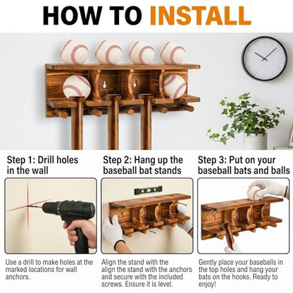 Tebery Wood Baseball Bat Holder and Ball Display Shelf Wall Mounted, Sports Memorabilia and Collectibles Floating Shelf Hanging Organizer Bat Rack