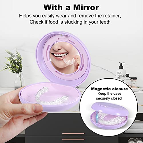 Retainer Case, Slim Aligner Case with Adjustable Vent Holes and Mirror, Compatible with Invisalign, Night Guard and Mouth Guard, Premium Retainer Case, With Aligner Remover Tool, Chew & Brush - color: Round: Purple