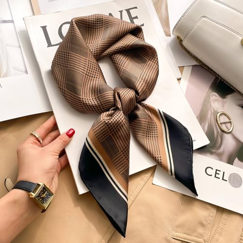 Sumolux Head Hair Scarf for Women Like Satin Silk Scarf Bandana Hair Wrapping Night Large Square Scarves 27.5" - color: Coffee Plaid Stripes