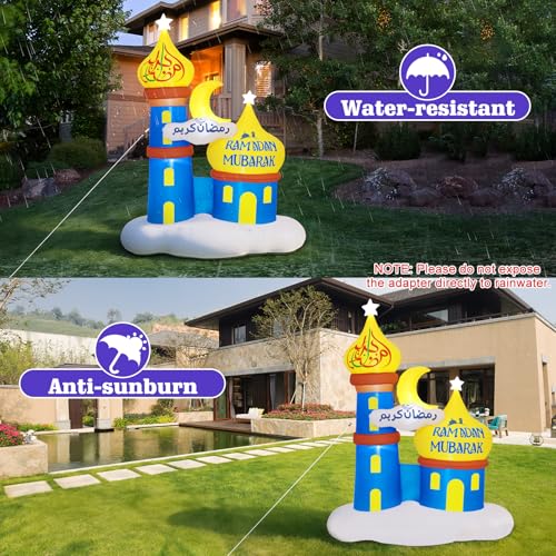 Lewondr 6.04FT Outdoor Inflatable Moon Decorations, Waterproof Inflatable Eid Mubarak Decor, Blow Up Muslim Holy Ramadan Celebration Decor with LED Lights, Outdoor Muslim Holidays Inflatables for Yard - style: Moon and Mosque