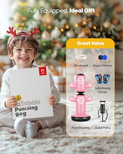 QPAU 360° Rotatable Punching Bag for Kids, Lager 64” Kids Punching Bag with Gloves, Hand Pump & 6 Targets, Bop Bag Inflatable Punching Toy, Karate Gifts for Boys, Girls - color: Pink