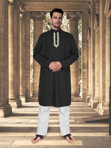 Men’s Kurta Kaftan Robe - Long Sleeve Cotton Linen Muslim Henley Shirt for Ramadan, Prayer & Daily Wear - color: Black, size: Large