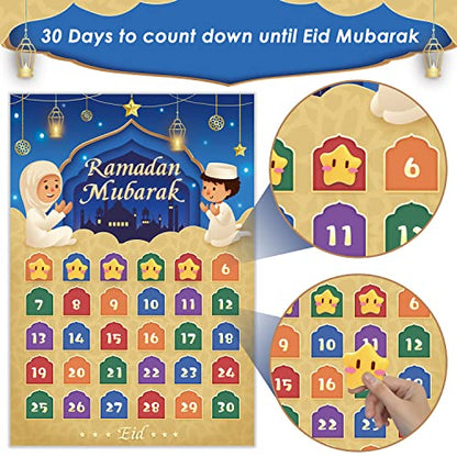 AhfuLife Ramadan Eid Mubarak Countdown Calendar Decoration for Kids, 2025 Eid Mubarak Gift Decorations, 6Pcs Eid Mubarak Gift Bags, Ramadan Mubarak Tote Bags with Handles, Ramadan Kareem Party Bags, I