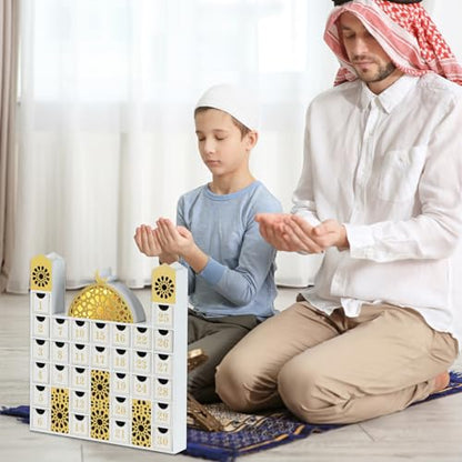 gisgfim Ramadan Wooden Countdown Calendar Eid Mubarak Decorations Mosque Advent Calendar with Drawers Eid Mubarak Countdown Til Eid Gift Ramadan Wooden Craftwork for Kids Ramadan Party Decorations