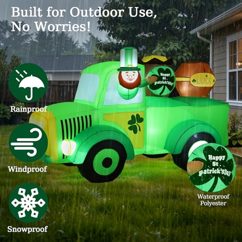 Lewondr 7.87FT St Patricks Day Inflatable Outdoor Decorations, Inflatable Leprechaun Drive a Car with Shamrocks, Blow up Yard Decoration with 11 Build-in Lights for Holiday Party Yard Lawn Garden - style: Green Car