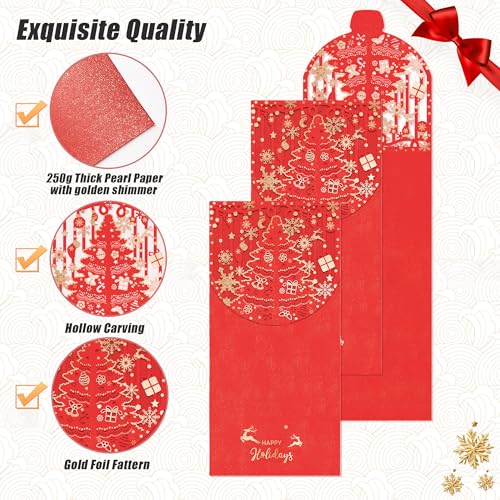 Holiday Christmas Money Holders for Cash Gift 12 Pcs, Xmas Red Envelopes Money Envelopes with Gold Foil & Laser Cut, Christmas Currency Envelope Cash Stuffing Envelopes (Red) - size: Vertical，7"×3.4"