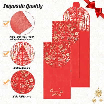 Holiday Christmas Money Holders for Cash Gift 12 Pcs, Xmas Red Envelopes Money Envelopes with Gold Foil & Laser Cut, Christmas Currency Envelope Cash Stuffing Envelopes (Red) - size: Vertical，7"×3.4"