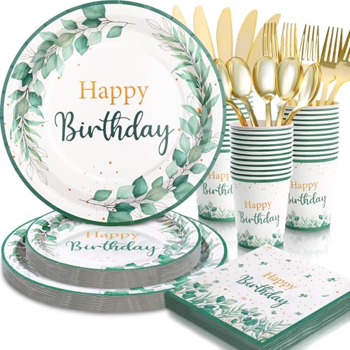 Sage Green Birthday Decorations for Women, Happy Birthday Plates and Napkins Set 168Pcs, for Boho Neutral Sage Green Decorations, Serve 24 - color: Sage Green