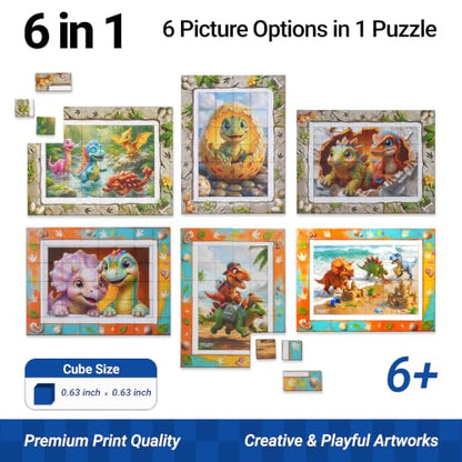TOSY Picture Cube Cute Dinos: 6-in-1 Magnetic Picture Puzzle, Easter Basket Stuffers STEM Gift for Kids & Adults, 48 Blocks, 288 Puzzle Faces, 0.6 in, B021, Seamless UV Art, Display-Ready Frame