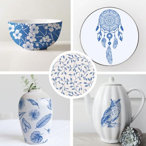 SUPERDANT 5PCS Owl Mushroom Underglaze Paper Transfer Dreamcatcher Flowers Transfer Paper for Clay Ceramic Porcelain Under Glaze Transfers for Pottery Blue Underglaze Decal Papers Handcrafted Gifts - style: Mixed Styles (Owl)