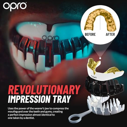 OPRO Instant Custom-Fit Mouthguard – Dentist Level Gum Shield Adult and Kids – OPRO Mouth Guard Boxing and MMA, Self-Fit Gum Shield Rugby – Maximum Protection with Dental Warranty (Black/Gold/Gold) - color: Usa, size: Adult (10+)