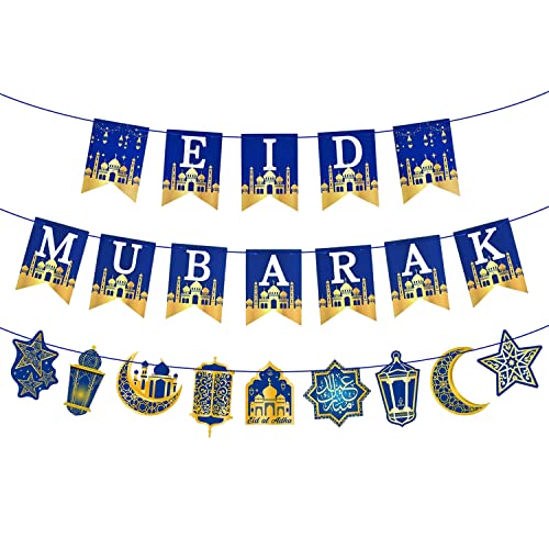 AhfuLife Eid Mubarak Banner Decorations, Pre-tied Eid Mubarak Bunting Banner Party Supplies for Home Outdoor Umrah Mubarak Party Decor Moon Star Garland - color: Eid Mubarak