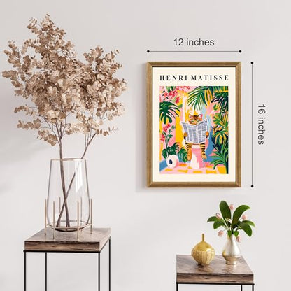 ICHZUMW Framed Funny Tabby Cat Matisse Canvas Bathroom Wall Art, 12x16 In - color: Matisse Reader, size: 16"L x 12"W