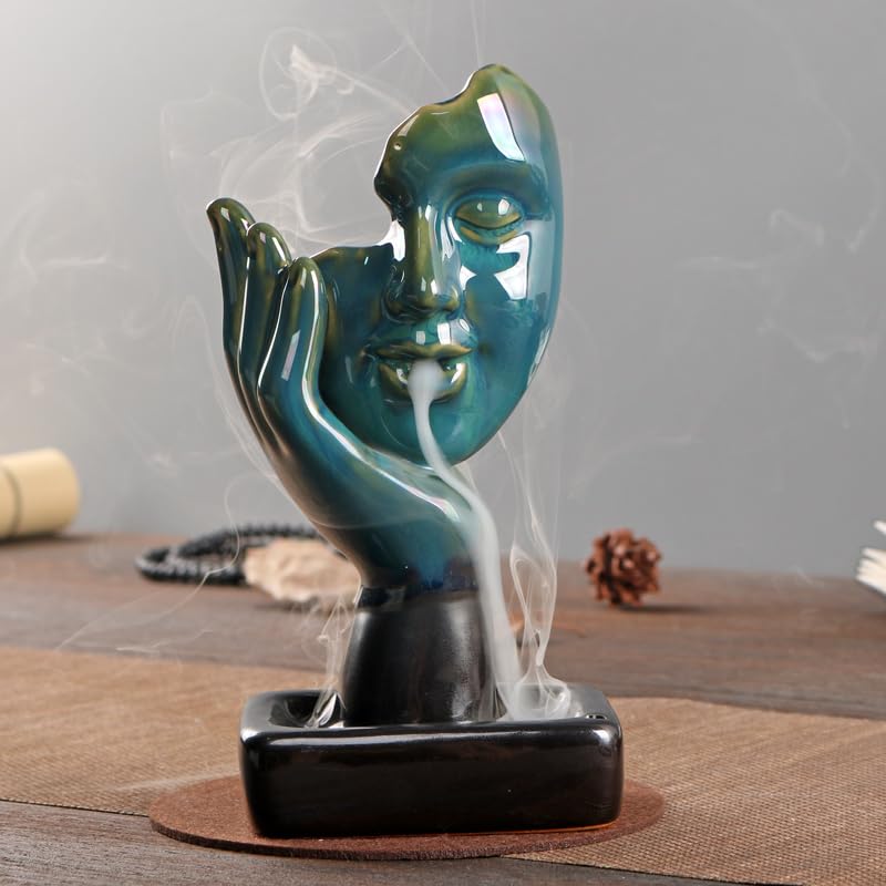 YYW Waterfall Incense Burner Backflow Incense Holder Fountain with 20 Incense Cones and 30 Incense Sticks Contemplate Half Face Incense Holder Aromatherapy Ornament Thinking Statue Yoga Room Decor