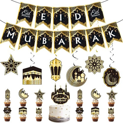 31pcs Eid Mubarak Decorations Set - Black and Gold Ramadan Party Supplies including Banner, Hanging Swirls for Muslim Islamic Eid Al-Fitr Home Wall Décor