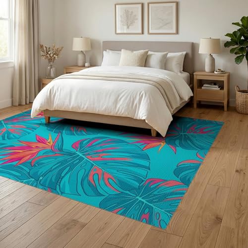 6'x9' Washable Modern Monstera Area Rug, Teal Non-Shedding Pet Friendly Room Rug for Queen Size Bedroom, Under Bed, Master Suite, Foldable Easy Care Carpet | Ref:1991833 - color: Blue/Pattern 26, size: 6' x 9' (Rectangular)