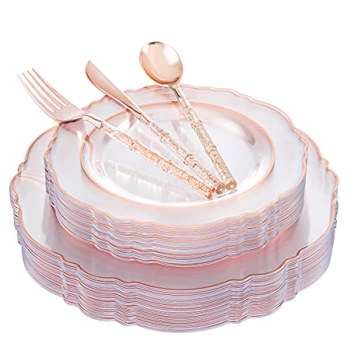 Liacere 150PCS Rose Gold Plastic Plates - Clear Rose Gold Disposable Plates with Glitter Bamboo Handle Cutlery - 60 Baroque Elegant Plates, 30 Forks, 30 Spoons, 30 Knives for Wedding ＆ Party - color: Rose Gold, size: Baroque Style