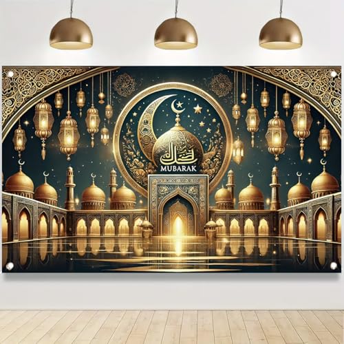 Eid Mubarak Banner 71x43 Inch Ramadan Kareem Islamic Gold Mosque Lantern Theme Party Decoration Wall Hanging Indoor Outdoor - color: Style 5