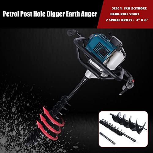 Auger Post Hole Digger, Gas Powered Earth Post Hole Digger Post Holes Earth Digger Petrol Drill Borer Bulb Planting Drill Fence Hole Maker Machine (52CC 2.3HP 1.7KW) - size: 52CC 2.3HP 1.7KW