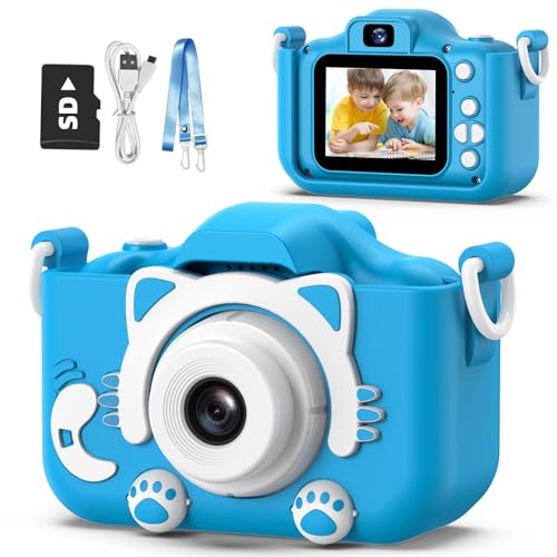 Goopow Kids Camera Toys for 3-8 Year Old Girls Boys,Children Digital Video Camcorder Camera with Cartoon Soft Cover, Best Chritmas Birthday Festival Gift for Kids - color: Blue-Cat