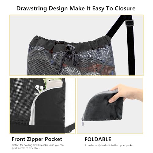 BeeGreen Mesh Drawstring Bag Swim Backpack for Beach Pool Sports Gym Draw String Cinch Bags for Swimming Soccer Basketball Gear Black - color: Black, style: Mesh Bag