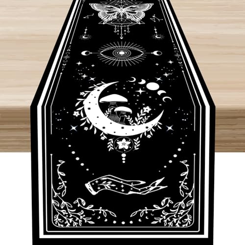 Tarot Sun Moon Table Runner, Rustic Boho Astrology Mystical Magic Sun Moon Table Decor for Home Kitchen Dining Patio Holiday Party Indoor Outdoor Table Decorations 13x36 inch - color: Moon-3, size: 13x36" Table Runner