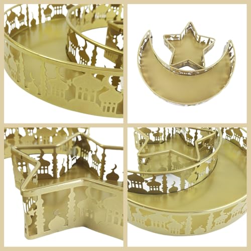 KYMY Ramadan Eid Mubarak Dessert Tray, Metal Crescent Moon Mosque Serving Platter, Islamic Muslim Arabic Dessert Snacks Sweets Centerpiece Tray for Ramadan Eid Home Party Supplies Decorations