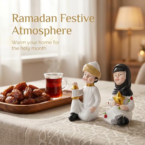 Ramadan Decorations for Home Set of 2 Resin Muslim Boy and Girl Figurines Holding Lantern and Star Islamic Decor Eid Mubarak Table Centerpieces for Iftar Office Desktop Display