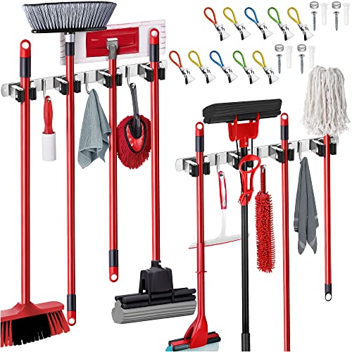 2 Pack Wall Mount Hanger for Brooms & Mops - Adhesive Stainless Steel Mop Hanger for Wall, 4 Clamps, 3 Hooks, 10 Towel Hanger Clips Including Mounting Hardware for Tools Organization - style: 2-Pack