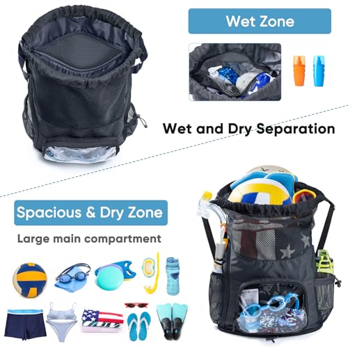 Mesh Drawstring Backpack with Shoe Compartment, Sandproof Beach Swim Bag with Wet Pocket, Pool Gym Shower Bag for Travel Summer Camp - color: Black, style: Style a