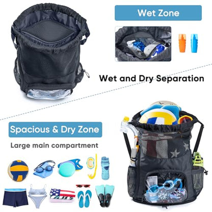 Mesh Drawstring Backpack with Shoe Compartment, Sandproof Beach Swim Bag with Wet Pocket, Pool Gym Shower Bag for Travel Summer Camp - color: Black, style: Style a