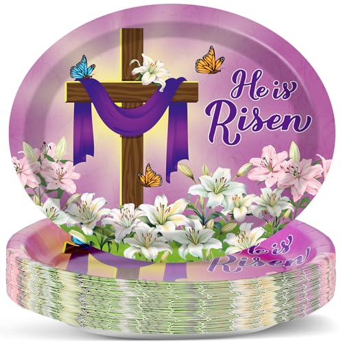 Qyeahkj He is Risen 타원형 종이 접시 대형 27.9cm(11인치) 일회용 예수 십자가 부활절 파티 장식 봄 백합 꽃 용품 종교 그리스도 파티 식기 세트 50개 - style: He is Risen