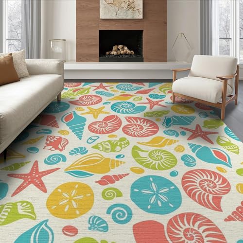 6'x9' Washable Beachy Seashell Area Rug, Cream Non-Shedding Pet Friendly Room Rug for Queen Size Bedroom, Under Bed, Master Suite, Foldable Easy Care Carpet | Ref:1903039 - color: Beige/Pattern 1, size: 6' x 9' (Rectangular)