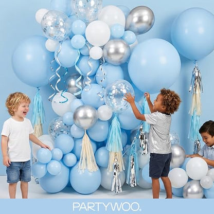 PartyWoo 라이트 블루 풍선 152피스 다양한 사이즈 45.7cm(18인치), 30.5cm(12인치), 25.4cm(10인치), 12.7cm(5인치) 베이비 파스텔 스카이 아쿠아 블루 풍선 아치 키트 화환 생일 성별 공개 베이비 샤워 졸업 파티 장식 블루-Y4 - color: 블루-y4