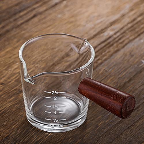 70ml Double Spouts Espresso Cup Shot Glasses Heat-Resistant Measuring Cup Mini Milk Glass Mug with Wooden Handle Clear Scale Ounce for Milk Coffee Espresso Making Heavy Glass Measuring Cup - color: 70ml, with Wood Handle