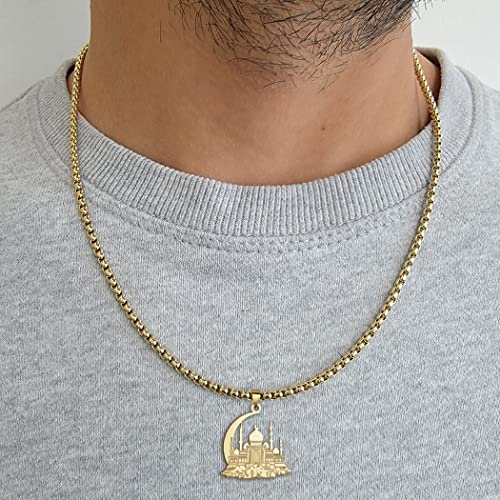 Mosque With Crescent Pendant Necklace For Women Men Muslim Jewelry 316L Stainless Steel Islamic Necklace - color: Gold