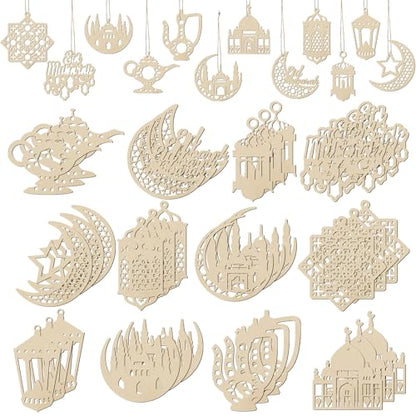 Barydat 36 Pcs Eid Mubarak Ornaments Ramadan Decorations Wooden Hanging Tree Ornaments Islamic Ramadan Cutouts Decor Castle Lantern Hanging Wood Cutouts Embellishment with Rope