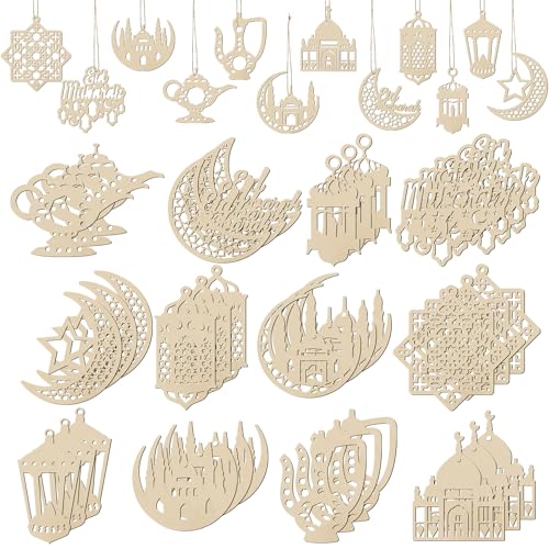 Barydat 36 Pcs Eid Mubarak Ornaments Ramadan Decorations Wooden Hanging Tree Ornaments Islamic Ramadan Cutouts Decor Castle Lantern Hanging Wood Cutouts Embellishment with Rope