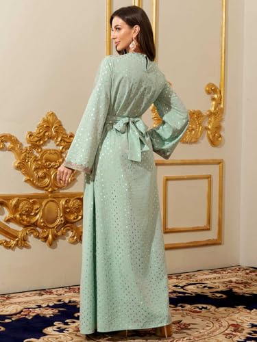 Women Muslim Abaya Kaftan Dress Lace Ethnic Moroccan Dress Eid Prayer Clothes Arabian Maxi Robe - color: Mint Green, size: Medium