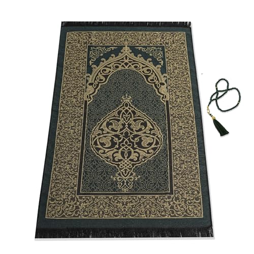 Muslim Prayer Rug with Islam Prayer Beads - Travel Prayer Mat, Islamic Gifts for Women, Portable Prayer Matt Islam, Islamic Prayer Rug Islam Men Women, Praying Mat for Muslim Gifts, Green - color: Green