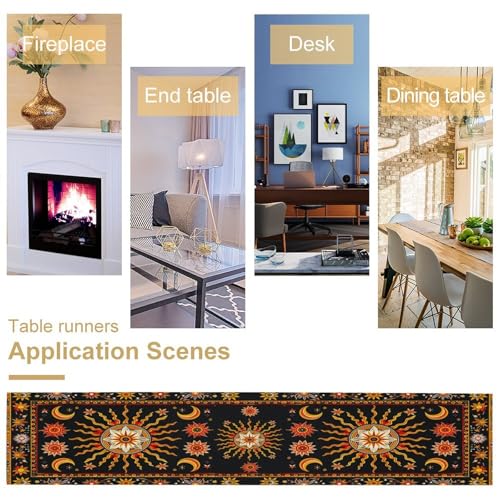 Sun Moon Table Runner,Bohemian Indian Orange Hippie Mystery Celestial Starry Night Mandala Moon Phase Tabletop Restaurant Dining Kitchen Wedding Party 13x36 Inch - color: Moon Style-25, size: W13X L36