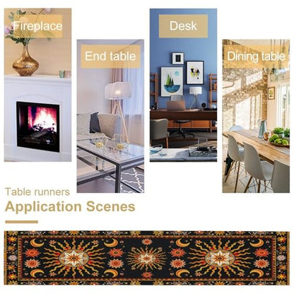 Sun Moon Table Runner,Bohemian Indian Orange Hippie Mystery Celestial Starry Night Mandala Moon Phase Tabletop Restaurant Dining Kitchen Wedding Party 13x36 Inch - color: Moon Style-25, size: W13X L36