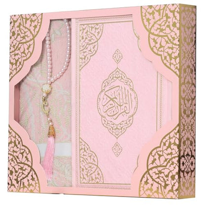 Modefa Prayer Rug Islamic Gift Set - Holy Quran in Arabic - Velvet Box with Quran and Tesbih (Pink) - color: Pink